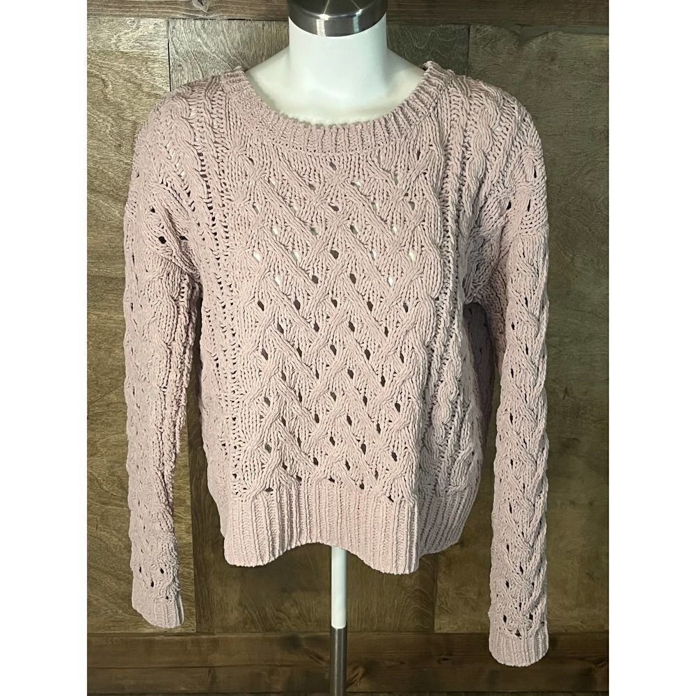 Open Knit Long Sleeve Sweater Textured‎ Pullover Relaxed Fit Pink